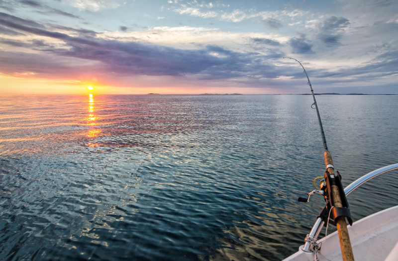 A fishing pole cast off a boat at the start of sunset.