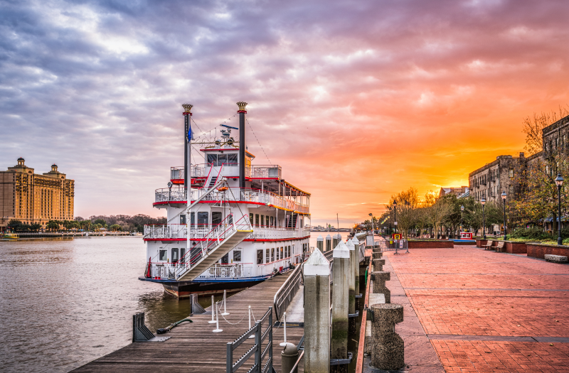 A riverboat docked along the riverfront in Savannah, Georgia.